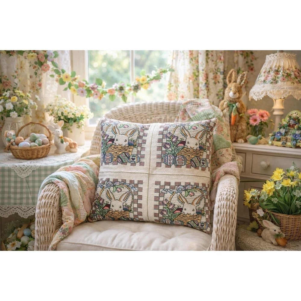 VTG Needlepoint Tapestry Four Window Bunny Easter Pillow, 11.5x11.5"‎ Grannycore